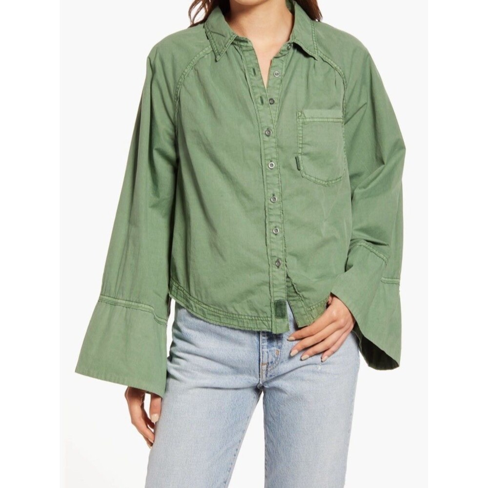 FREE PEOPLE We The Free Milano Shirt Women’s M Green Bell Sleeve Utility Boho